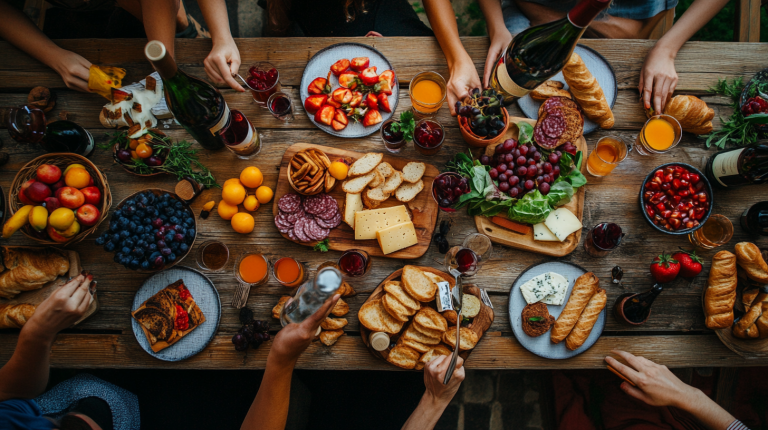 таблиця розрахунку продуктів та напоїв на вечірку 10 людей — накритий стіл з їжею та напоями