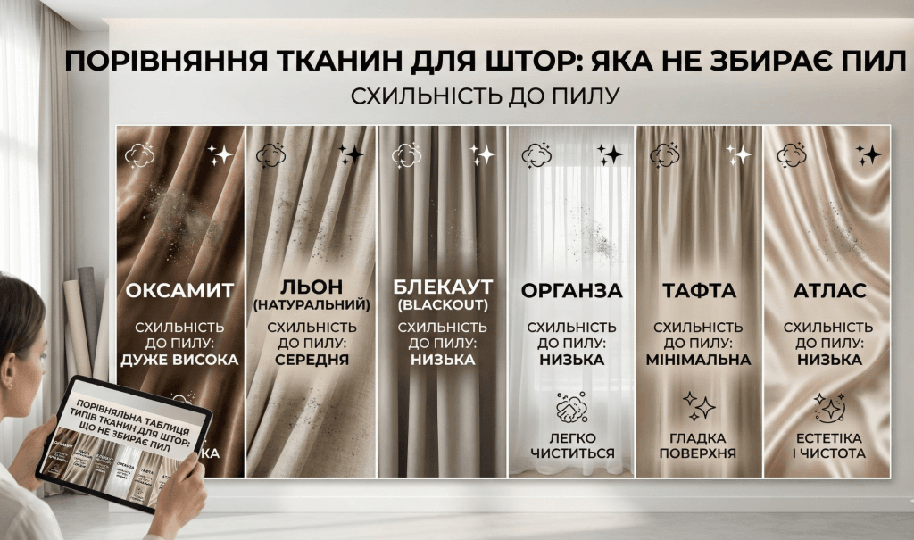 какие ткани для штор меньше всего собирают пыль