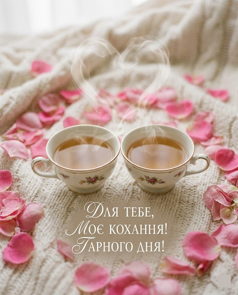 Дві чашки та пелюстки троянд, ніжна романтична листівка гарного дня коханій людині.