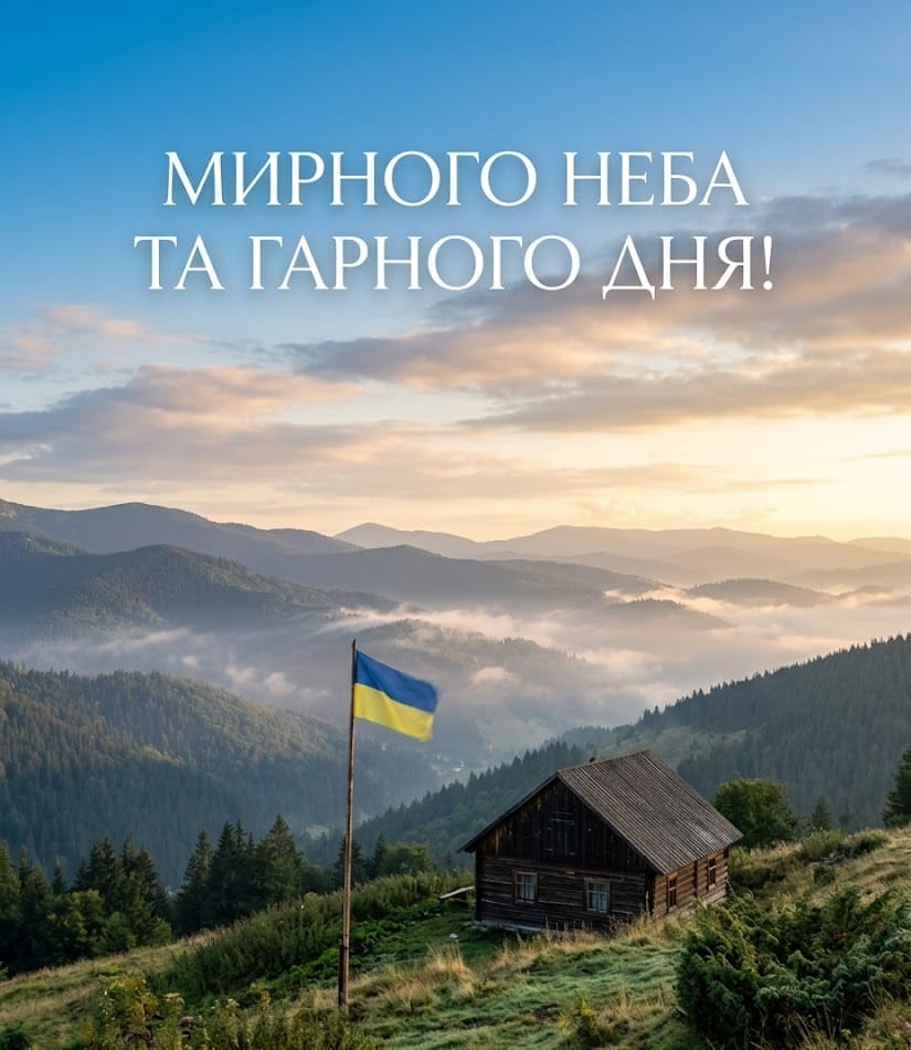 Краєвид Карпат на світанку, український прапор та побажання мирного неба.