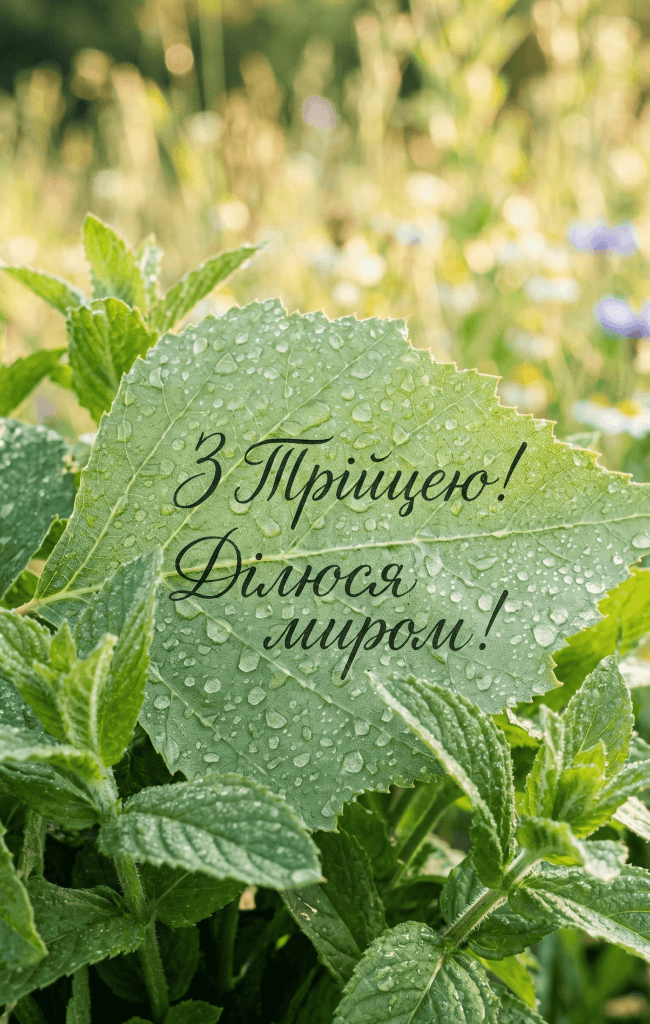 Макро-фотокартка з емоційним затишком до Трійці. Близьке зображення свіжої м'яти та великого березового листа з росою, на якому чітко видно каліграфічний напис українською "З Трійцею!" та "Ділюся миром!". Вертикальний формат.