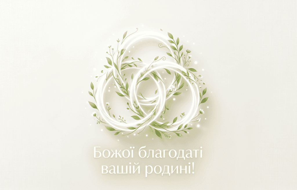 Мінімалістичний графічний дизайн святкового вітання до Трійці. Три переплетені кільця з м'якого світла та зелені утворюють концептуальний символ Триєдиного Бога на світлому фоні, з чітким білим написом українською "Божої благодаті вашій родині!".