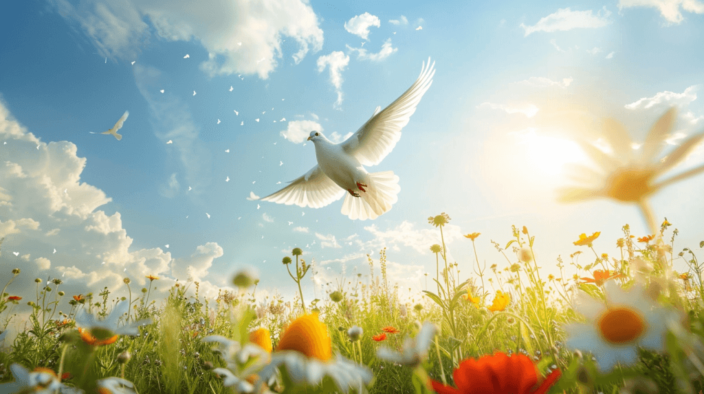 Білий голуб летить у мирному блакитному небі, пронизаному сонячними променями, над квітучим весняним лугом у свято Трійці.