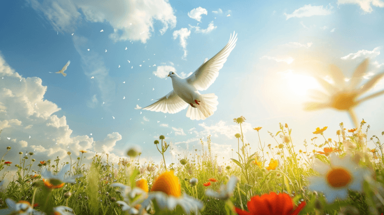 Білий голуб летить у мирному блакитному небі, пронизаному сонячними променями, над квітучим весняним лугом у свято Трійці.
