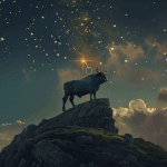 Величний бик на вершині гори під зоряним небом із сяючим сузір'ям Тельця. Головне зображення для статті.