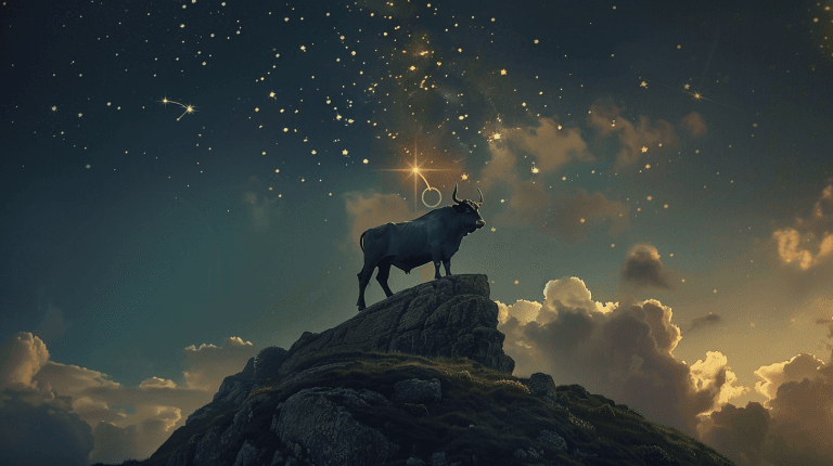 Величний бик на вершині гори під зоряним небом із сяючим сузір'ям Тельця. Головне зображення для статті.