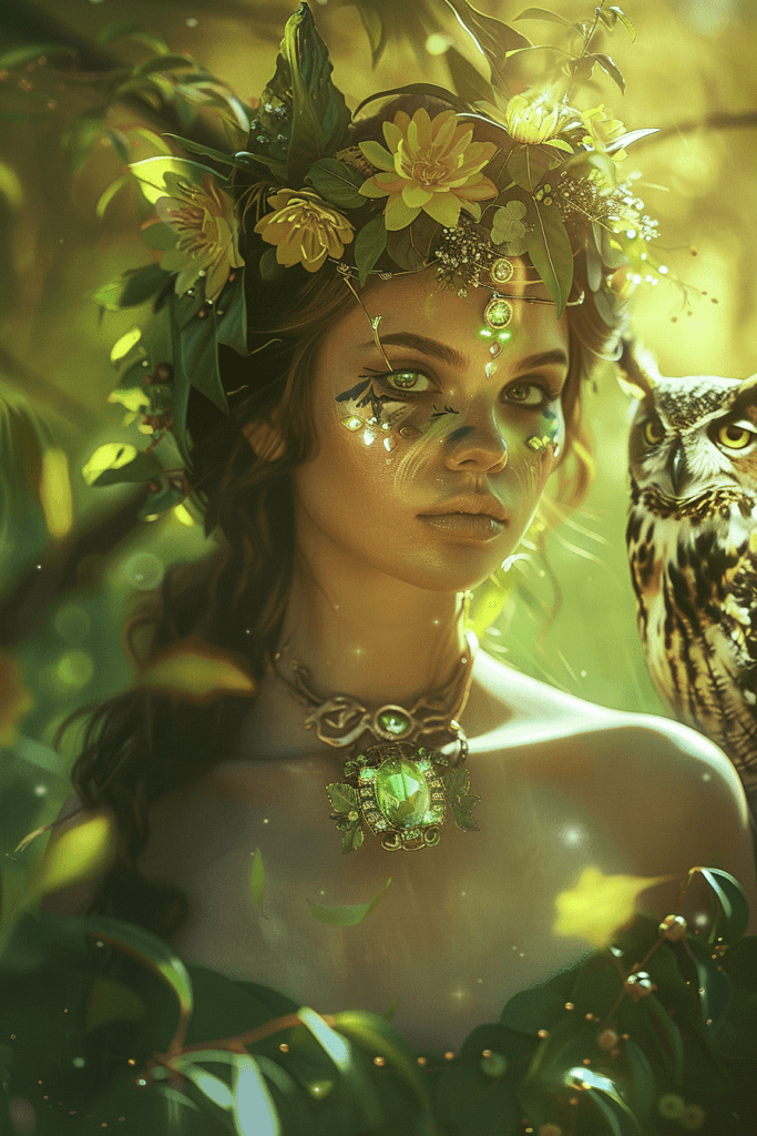 Ефірний портрет жінки-Тельця у вінку з весняних квітів, зі смарагдовим кулоном та совою на тлі.
