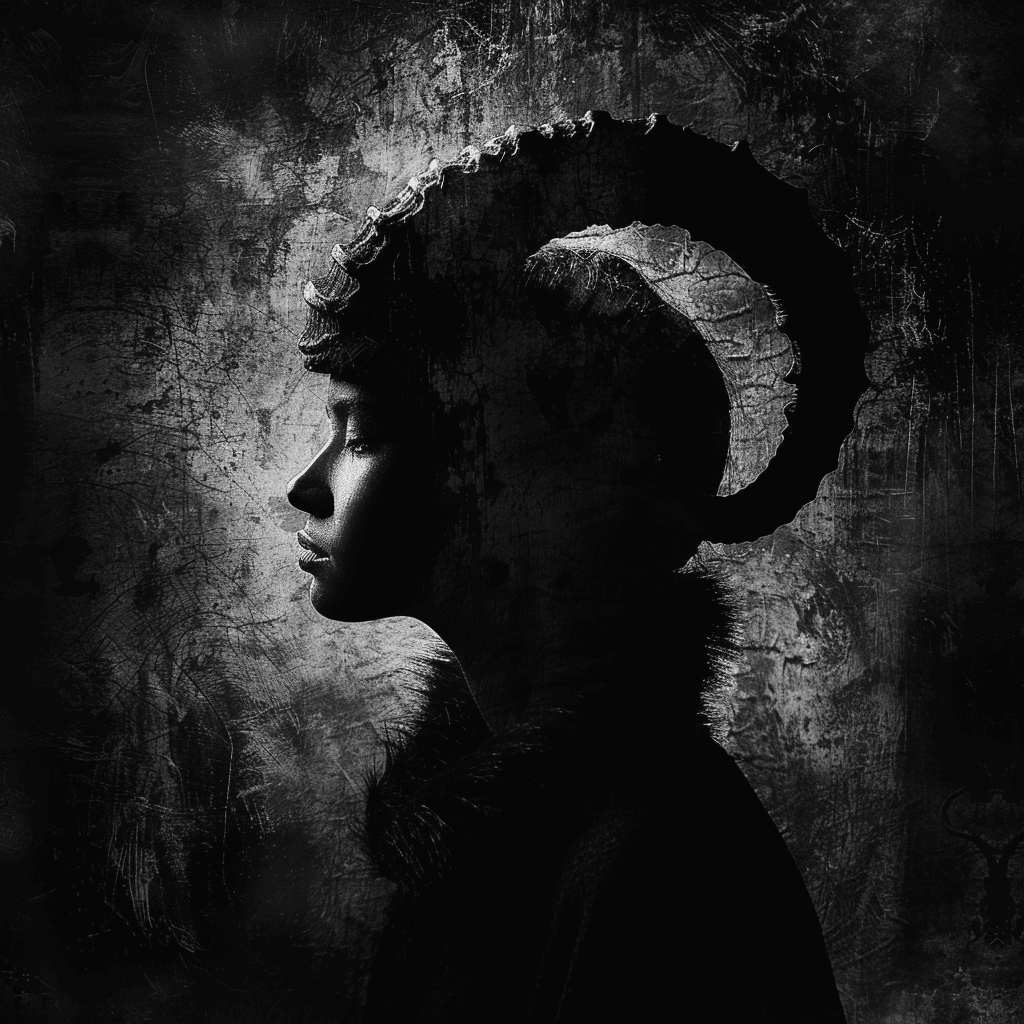 Чорно-біла картинка зі знаком зодіаку Овен у стилі дарк-академія з естетичними тінями.