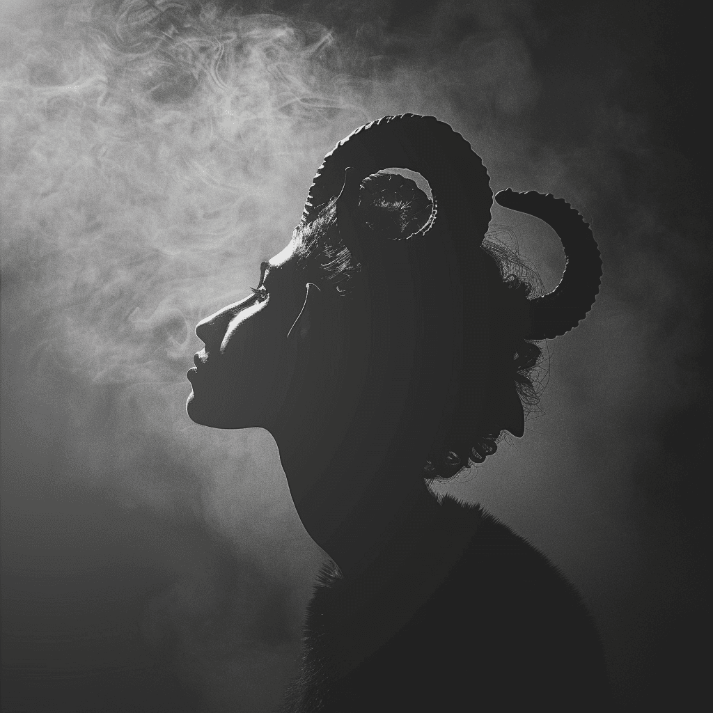 Чорно-біла картинка зі знаком зодіаку Овен у стилі дарк-академія з естетичними тінями.