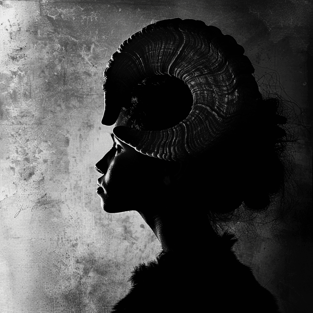 Чорно-біла картинка зі знаком зодіаку Овен у стилі дарк-академія з естетичними тінями.