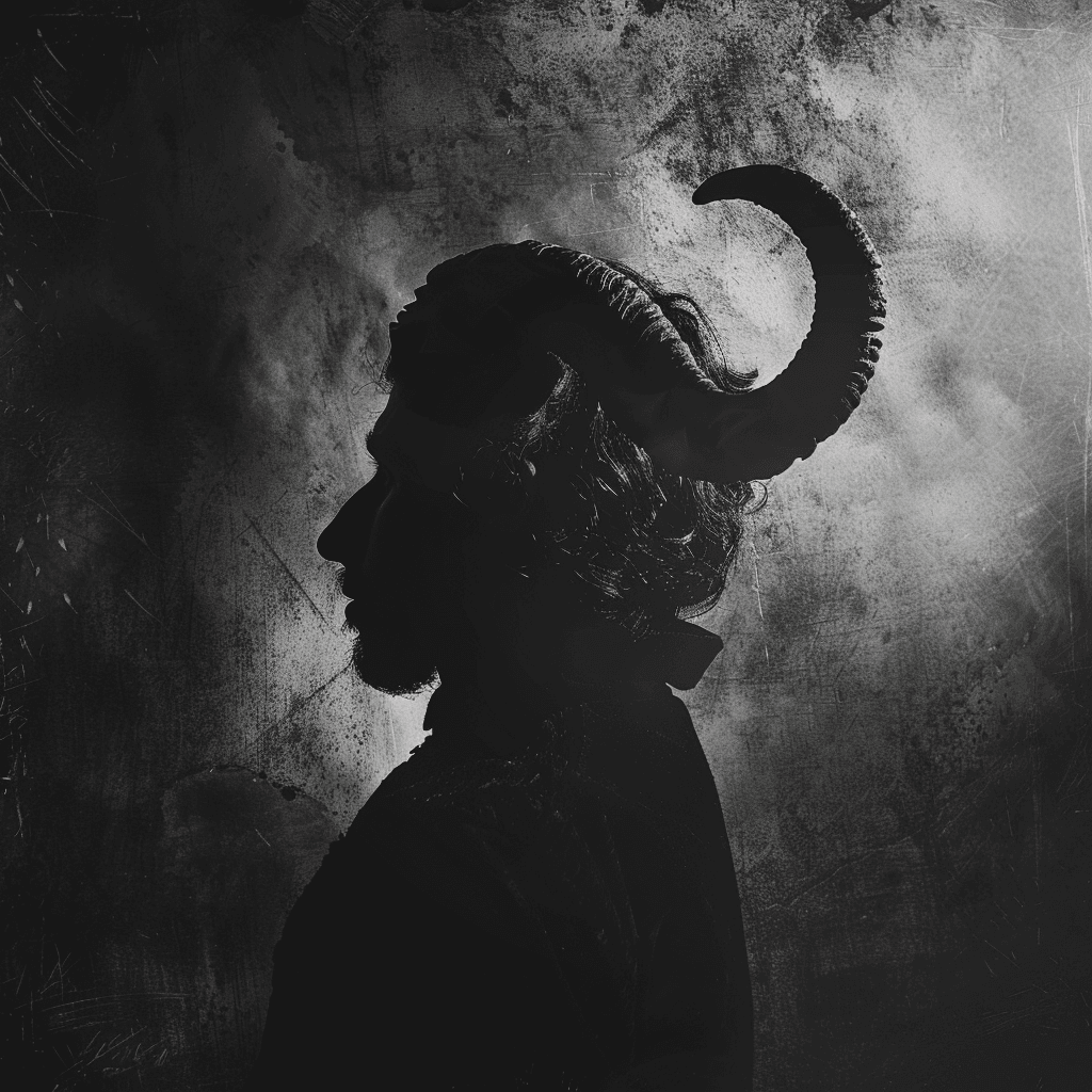 Чорно-біла картинка зі знаком зодіаку Овен у стилі дарк-академія з естетичними тінями.