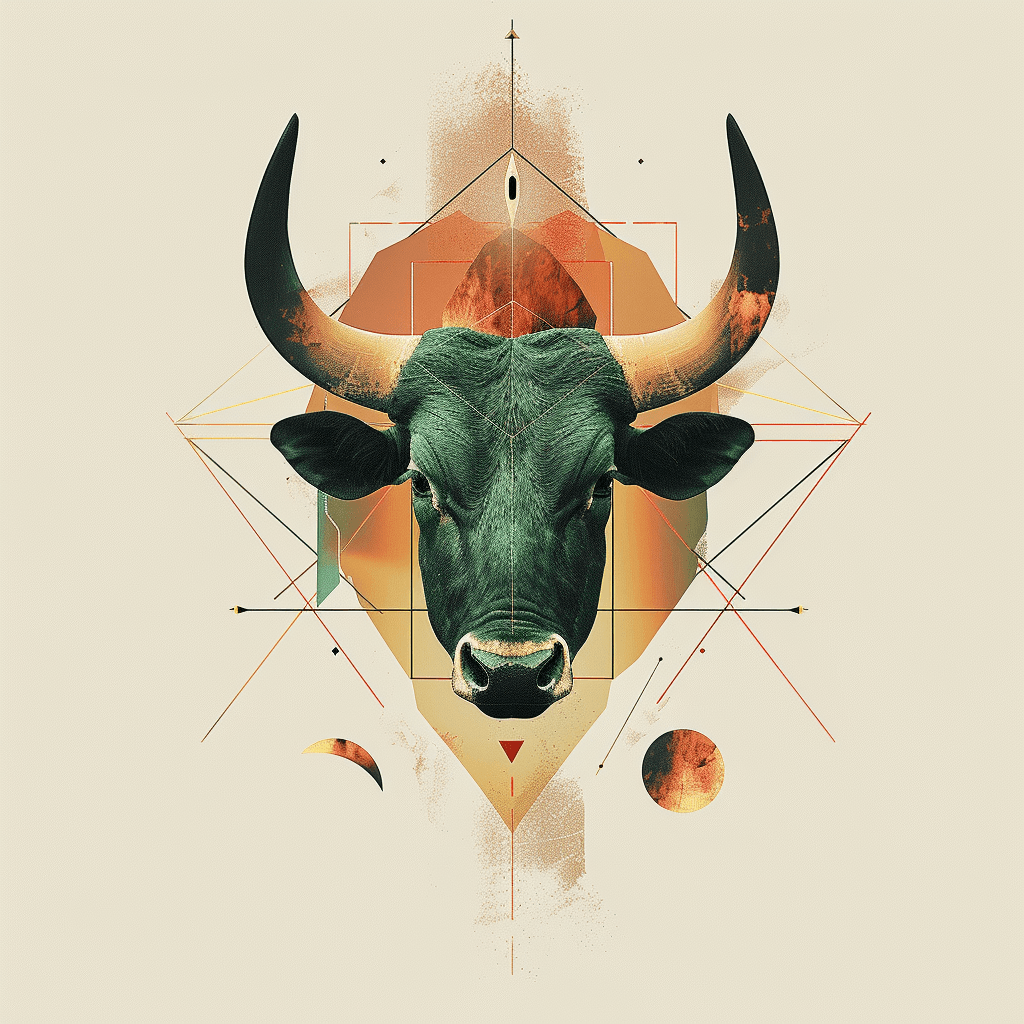 Сучасна графічна ілюстрація: геометричний бик та символ Тельця у смарагдових, теракотових та золотих тонах.