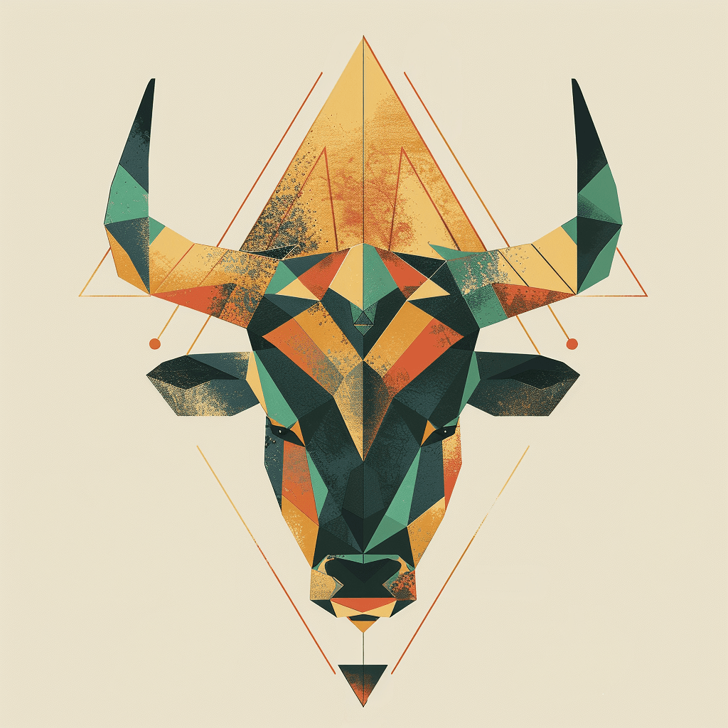 Сучасна графічна ілюстрація: геометричний бик та символ Тельця у смарагдових, теракотових та золотих тонах.