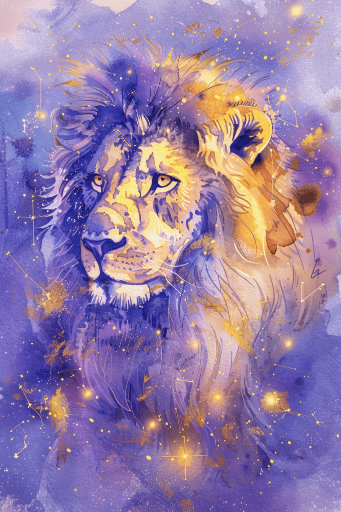 Лев знак зодіаку малюнок арт — акварельний лев сузір'я зірки містичний стиль зображення