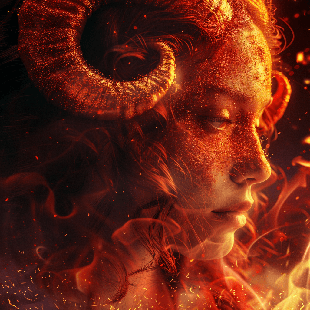 Красива картинка знаку зодіаку Овен на аватарку з вогняною дівчиною у фентезійному стилі.