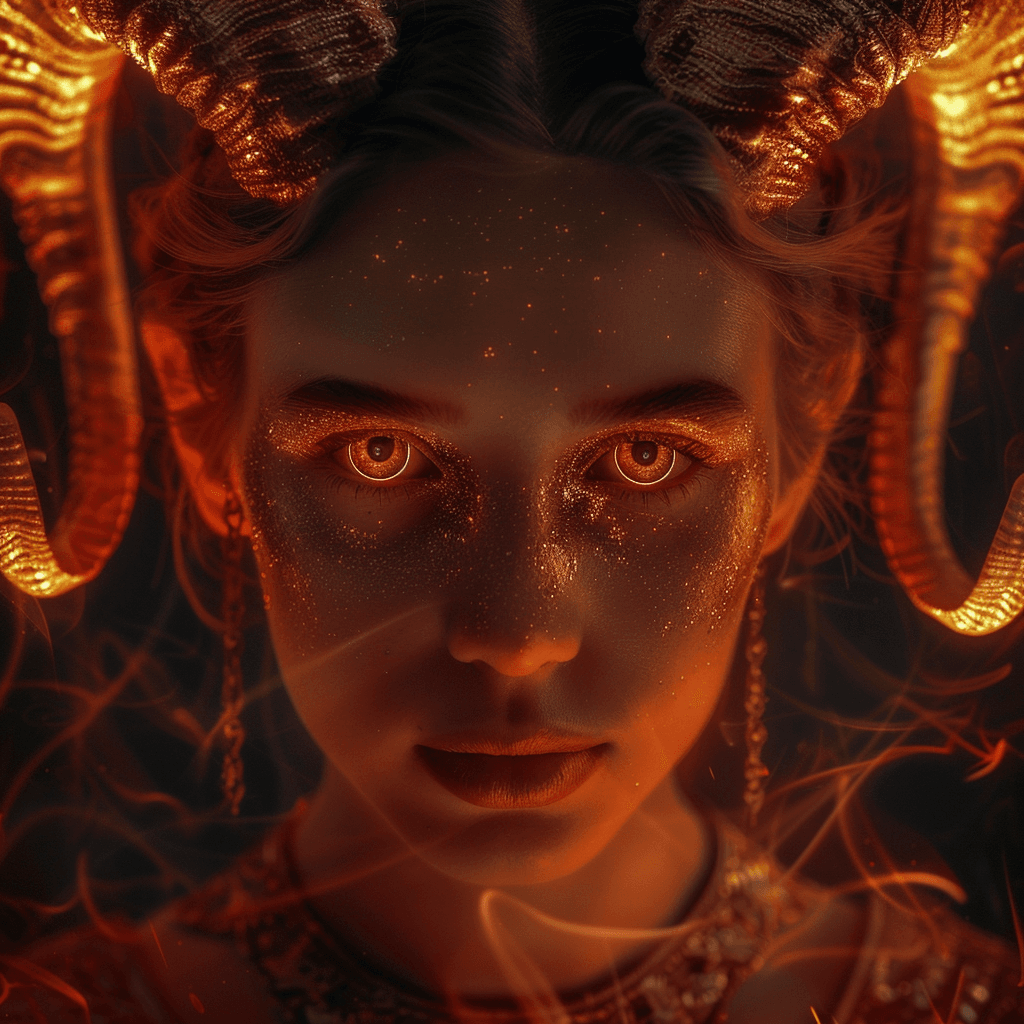 Красива картинка знаку зодіаку Овен на аватарку з вогняною дівчиною у фентезійному стилі.