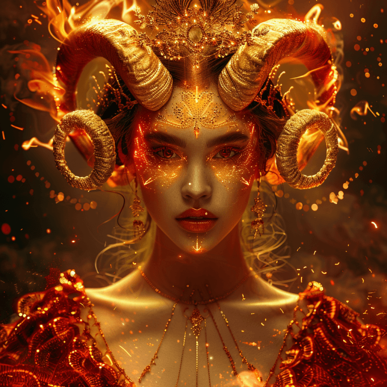 Красива картинка знаку зодіаку Овен на аватарку з вогняною дівчиною у фентезійному стилі.