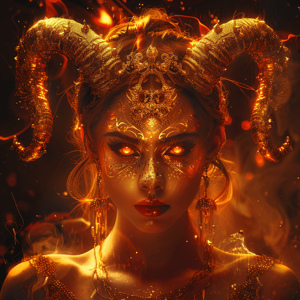 Красива картинка знаку зодіаку Овен на аватарку з вогняною дівчиною у фентезійному стилі.