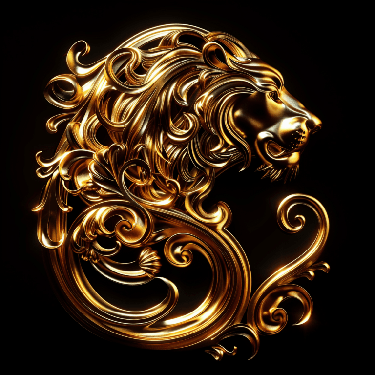 золотий символ знак зодіаку Лев ♌ картинка скачати — 3D металевий гліф чорний фон