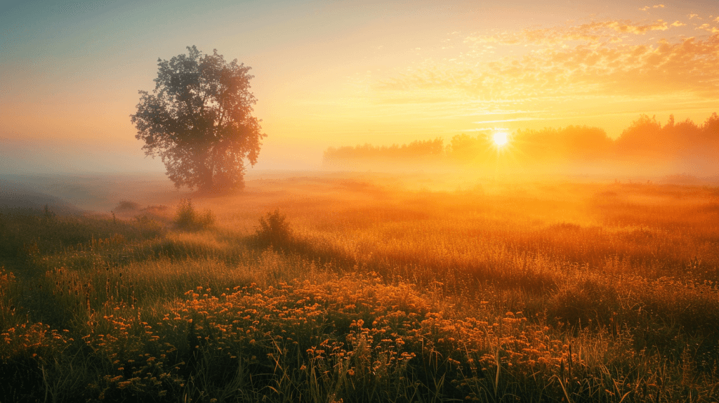 картинки доброго літнього ранку красиві — світанок туман поле промені ранок літо