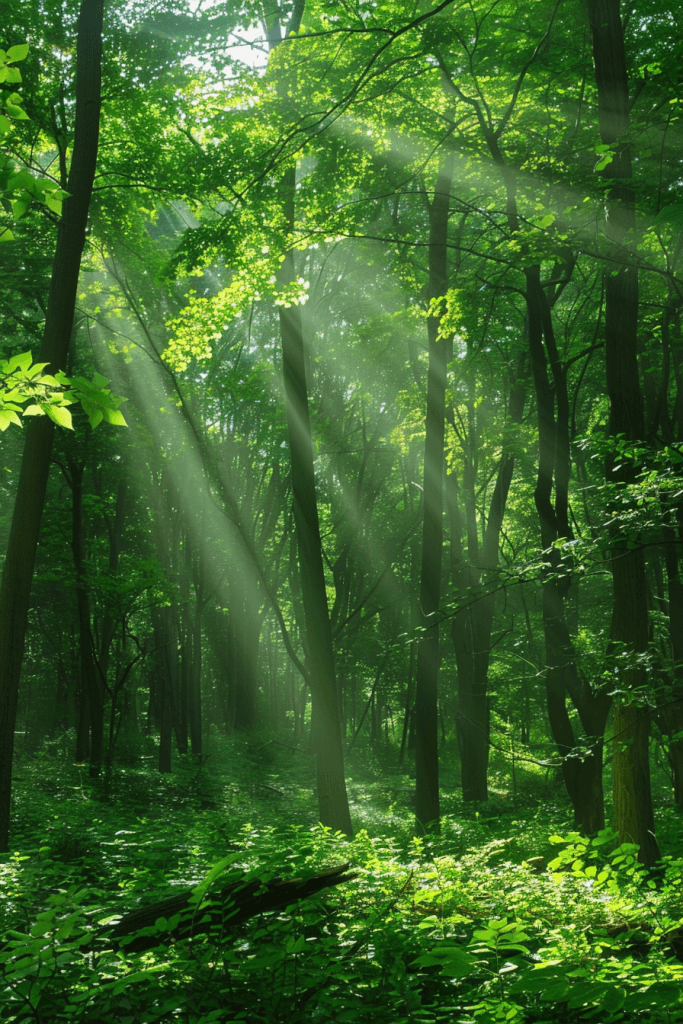 сонячні промені ліс зелень магія шпалери