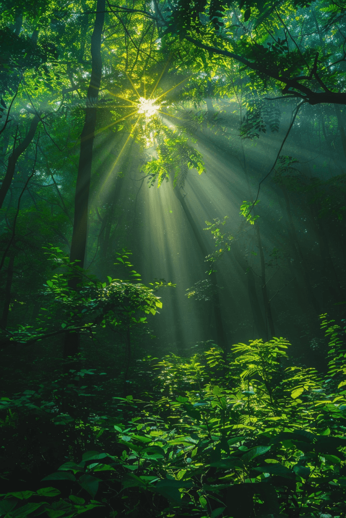 сонячні промені ліс зелень магія шпалери