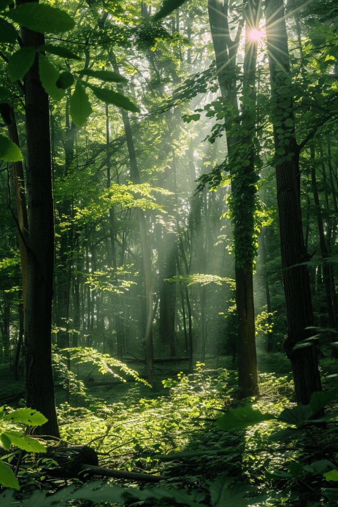 сонячні промені ліс зелень магія шпалери