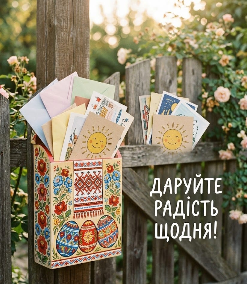Поштова скринька з листівками та листами, позитивне зображення із закликом дарувати радість.