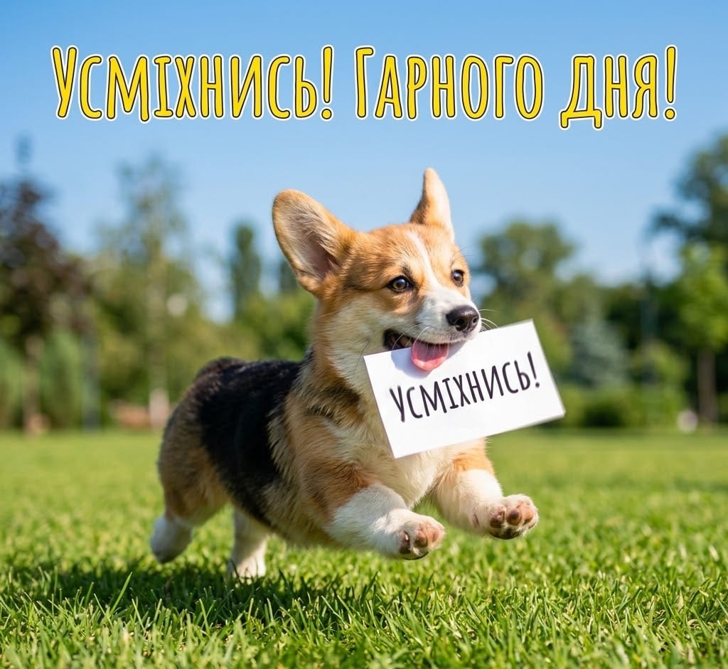 Радісне цуценя коргі біжить по траві, листівка з написом Усміхнись і побажанням гарного дня.