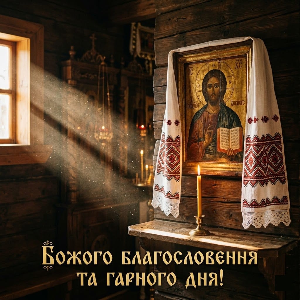 Інтер'єр дерев'яної церкви, сонячне світло та напис Божого благословення.