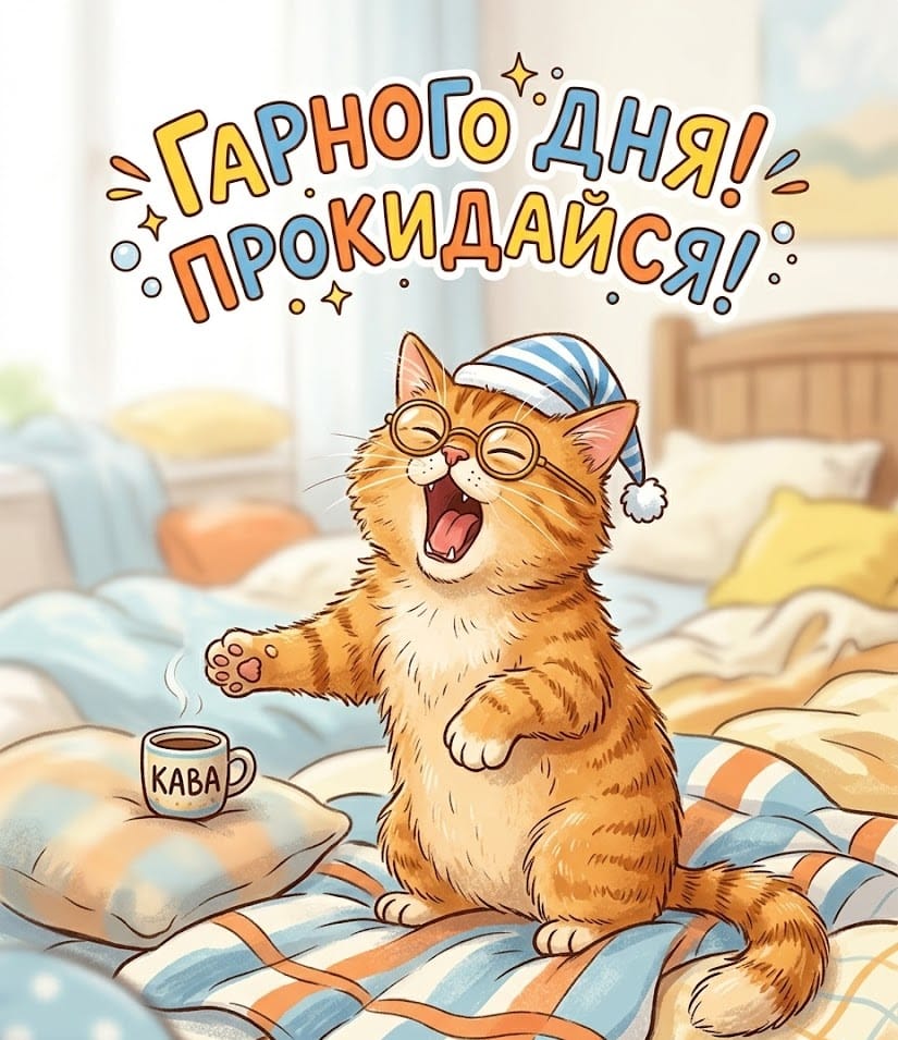 Кумедна ілюстрація рудого кота, що позіхає, прикольна картинка з побажанням гарного дня.