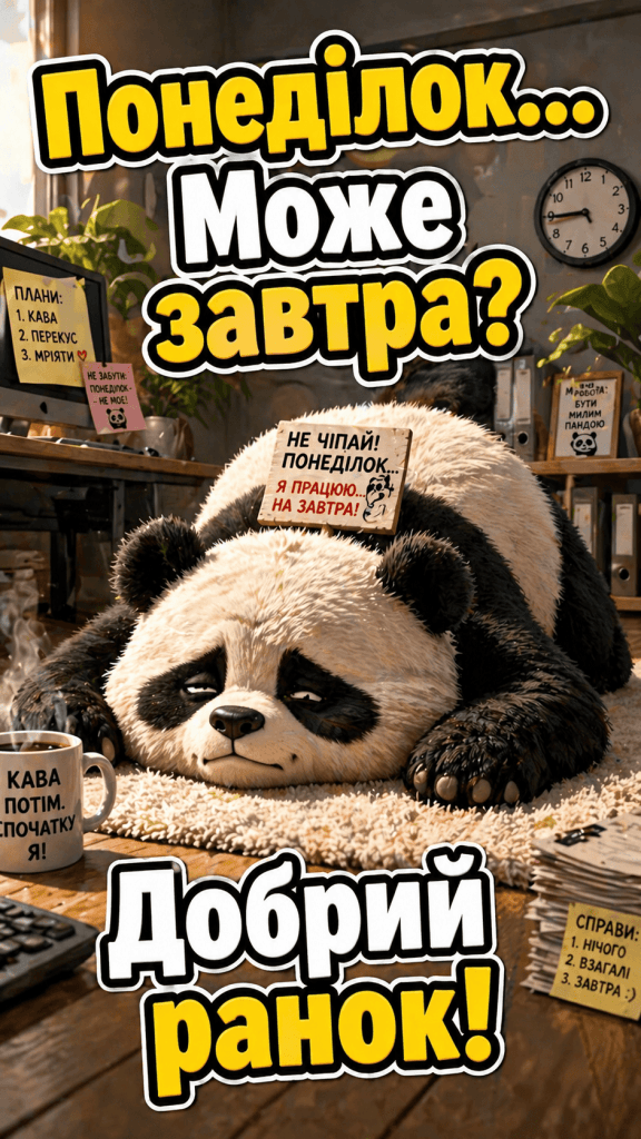 Смішна картинка про понеділок з пандою яка не хоче вставати