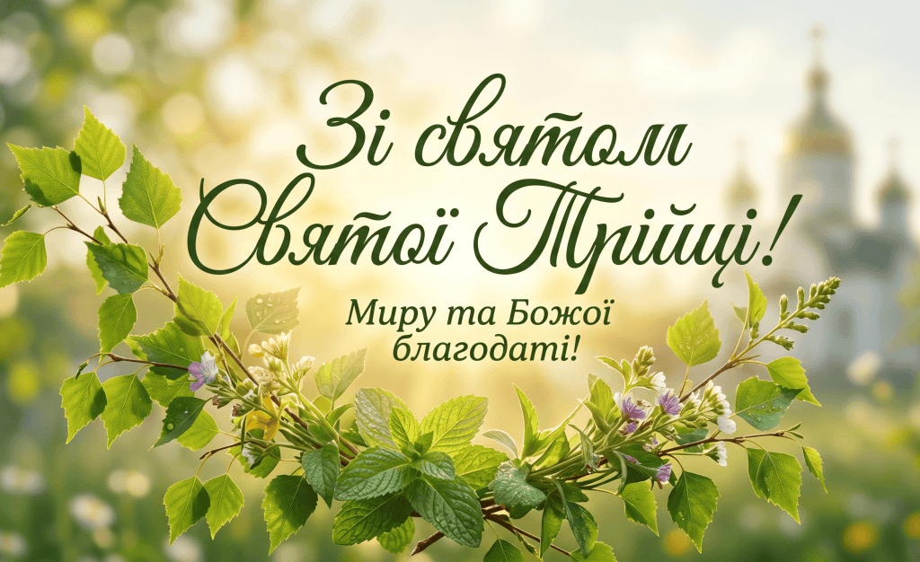 Святкова листівка українською мовою з Трійцею. М'яке свічення крізь зелені гілки берези та квіти, з чітким білим та золотим написом "Зі святом Святої Трійці!" та "Миру та Божої благодаті!".
