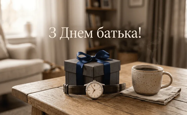 Головна красива листівка з Днем батька з подарунком та ранковою кавою.