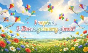 Красива картинка з днем захисту дітей: сонце, повітряні кулі та напис 1 червня