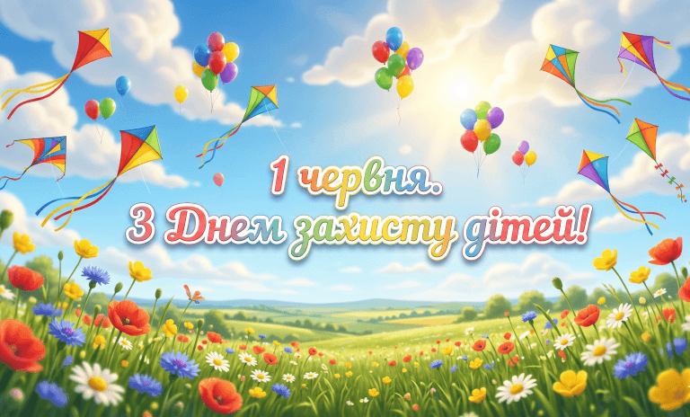 Красива картинка з днем захисту дітей: сонце, повітряні кулі та напис 1 червня