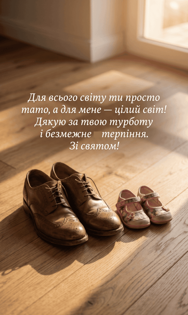Зворушливі картинки з днем батька від доньки: великі чоловічі та маленькі дитячі черевички поруч.