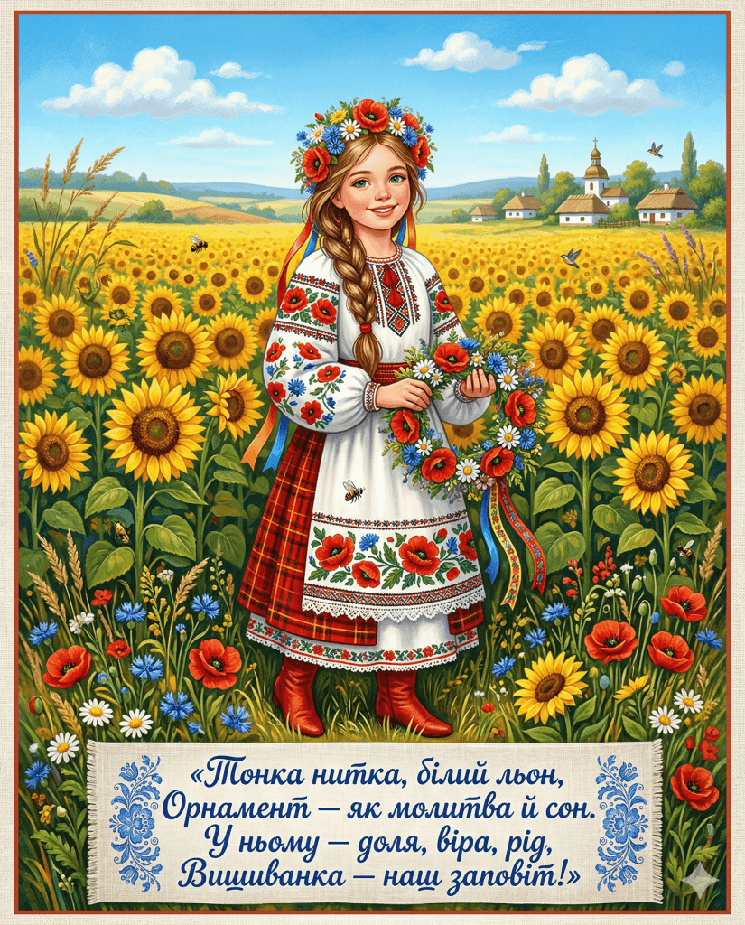 Ілюстрована листівка з Днем вишиванки — дівчина у вишиванці з вінком серед соняшників у народному стилі