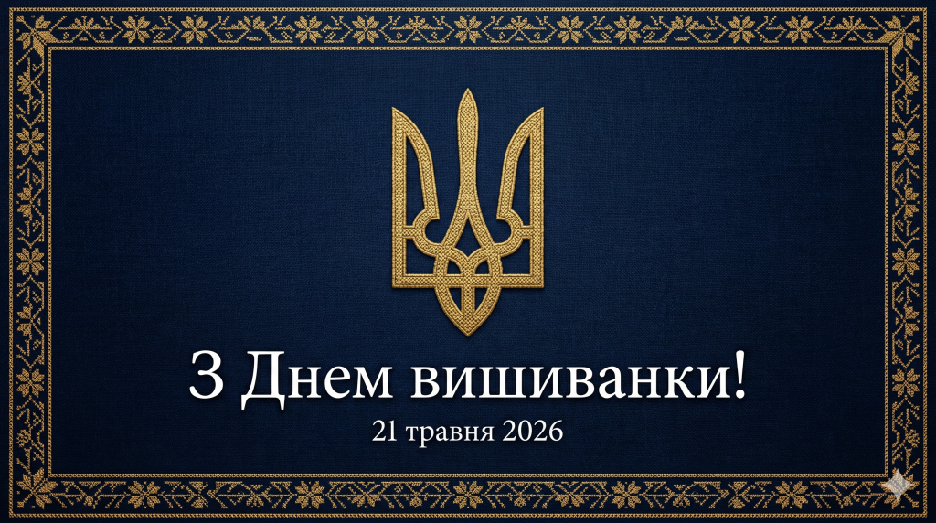 Офіційна листівка з Днем вишиванки 2026 — тризуб у стилі вишивки хрестиком на темно-синьому фоні із золотим орнаментом