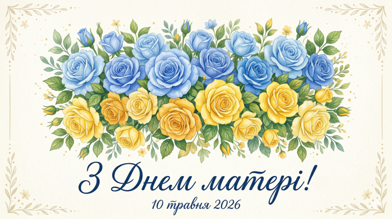 Святкова листівка з Днем матері 2026 — композиція із блакитних та жовтих троянд з написом З Днем матері