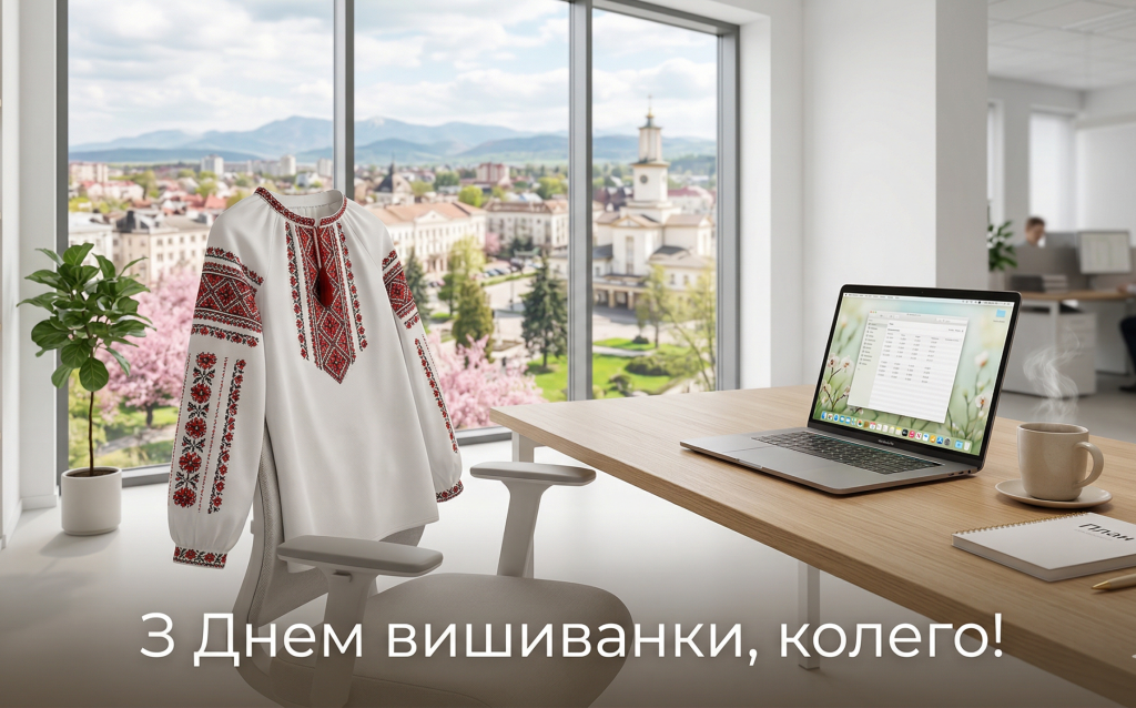 Стильна листівка з Днем вишиванки для колег — вишиванка в сучасному офісі поруч із ноутбуком