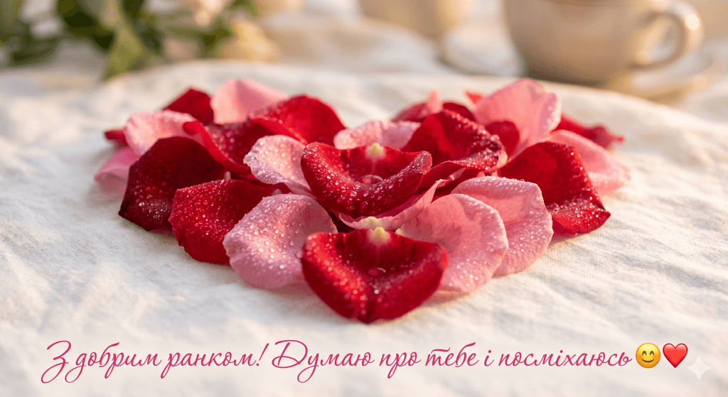 картинки доброго ранку для коханого чоловіка — серце пелюстки троянд роса романтична картинка
