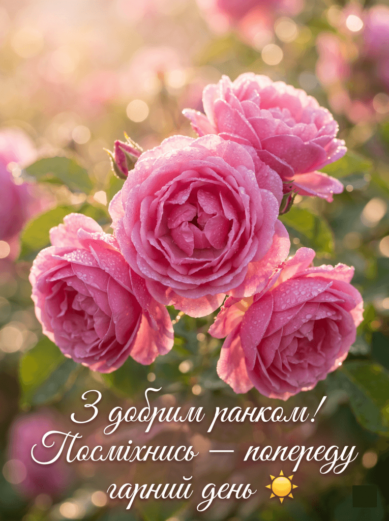 картинки доброго ранку красиві українською — рожеві троянди роса сонце побажання коханій людині
