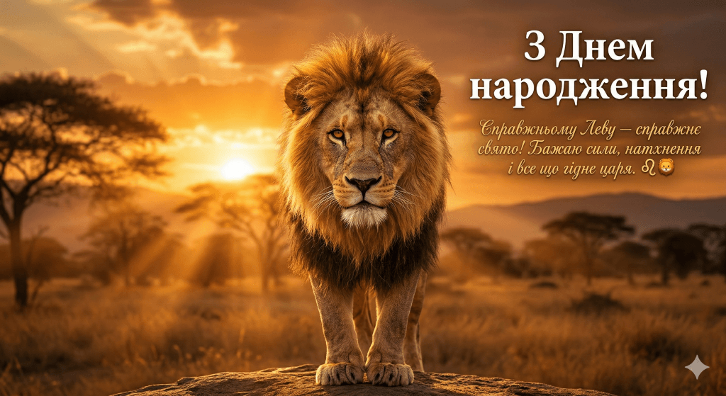 листівка з днем народження знак Лев зодіак — портрет лева золотий фон захід сонця царський