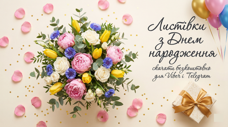 листівки з днем народження скачати безкоштовно для Viber Telegram — букет квітів подарунок кулі святкова добірка