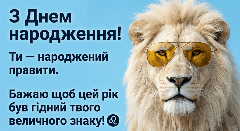 привітання з днем народження Лев зодіак картинка — лама сонцезахисні окуляри гумор листівка