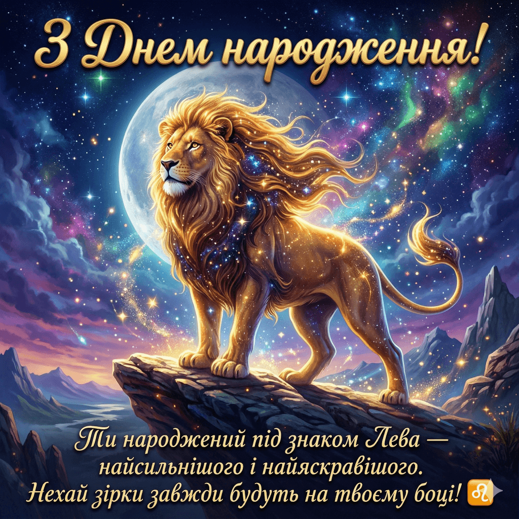 привітання з днем народження Лев зодіак картинка — фентезі лев зірки ніч магія листівка