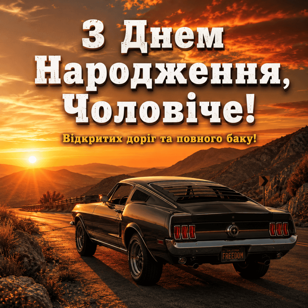 Класичний ретро-автомобіль на гірській дорозі в променях золотого заходу сонця. Білий напис «З Днем Народження, Чоловіче!» та золотий підпис «Відкритих доріг та повного баку!».
