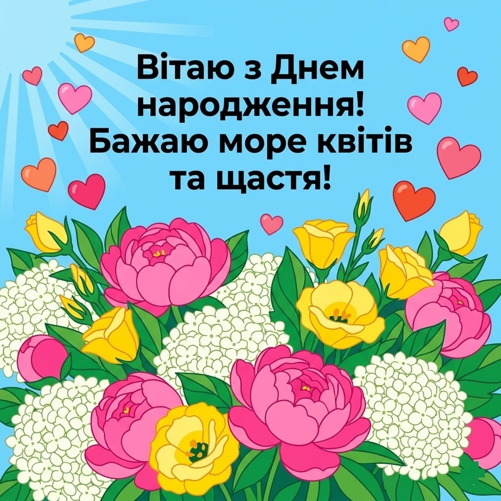 Яскрава ілюстративна листівка з днем народження жінці: сучасний векторний букет з півоній та еустом на ніжно-блакитному тлі з радісним привітанням.