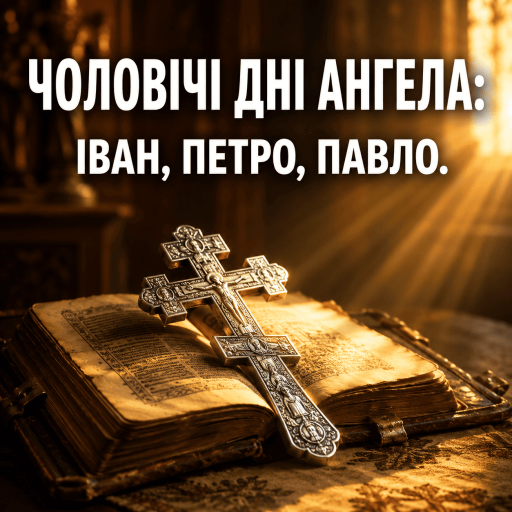 Символічне зображення з православним хрестом, старовинною книгою та сонячним світлом, присвячене чоловічим іменинам у червні.